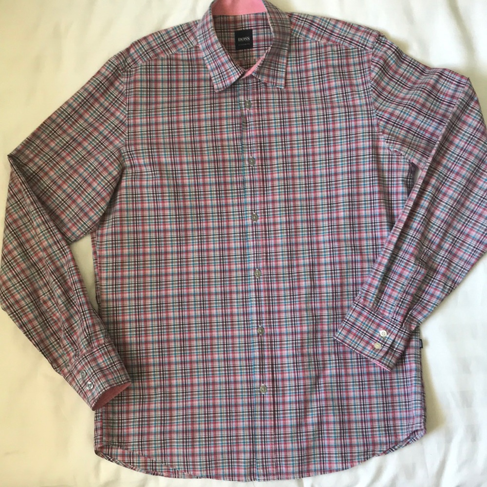 COPY - Boss pink/white/blue/tan cotton plaid long sleeved shirt EUC